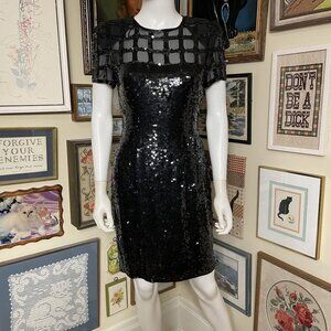 80s Vintage AJ Bari Black 100% Silk Short Sleeve Sequined Cocktail Dress